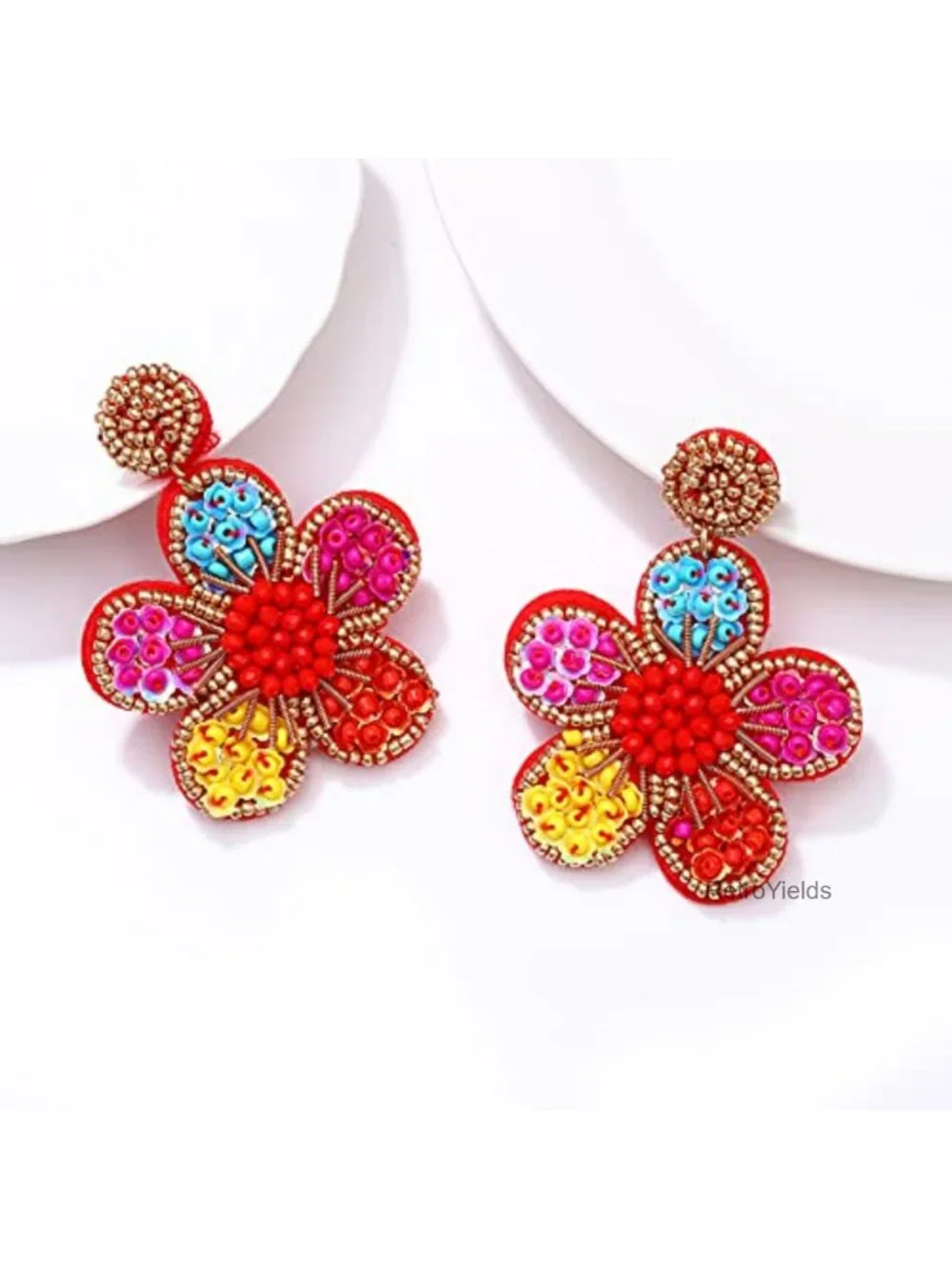 Handmade Beaded Flower Drop Earrings Boho Dangle Statement Jewelry